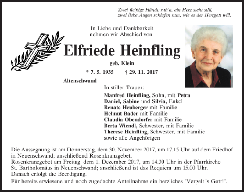 Traueranzeigen von Elfriede Heinfling | Mittelbayerische Trauer