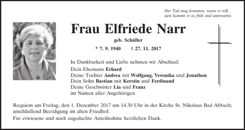  Traueranzeige für Elfriede Narr vom 29.11.2017 aus Mittelbayerische Zeitung Kelheim