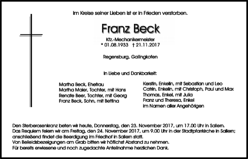  Traueranzeige für Franz Beck vom 23.11.2017 aus Mittelbayerische Zeitung Regensburg