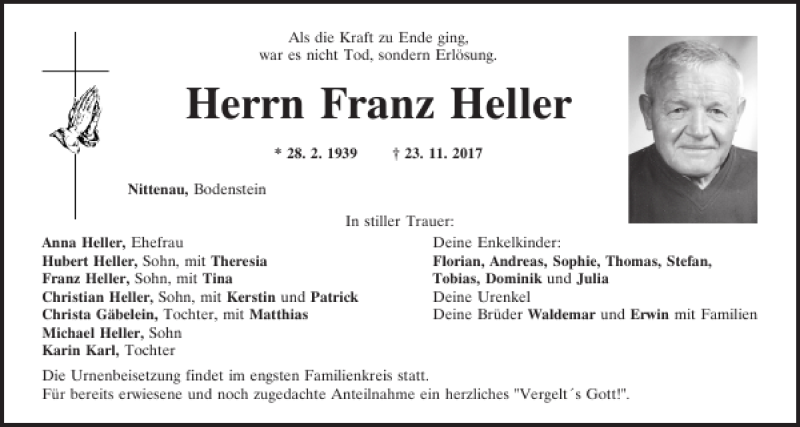  Traueranzeige für Franz Heller vom 27.11.2017 aus Mittelbayerische Zeitung Regensburg