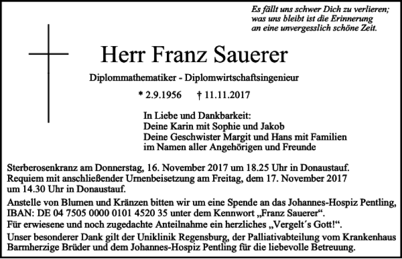  Traueranzeige für Franz Sauerer vom 15.11.2017 aus Mittelbayerische Zeitung Regensburg