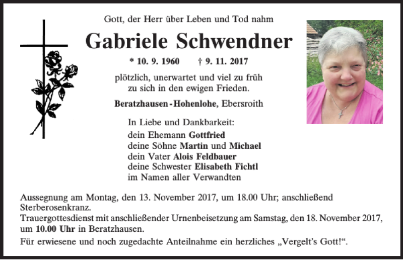  Traueranzeige für Gabriele Schwendner vom 11.11.2017 aus Mittelbayerische Zeitung Regensburg