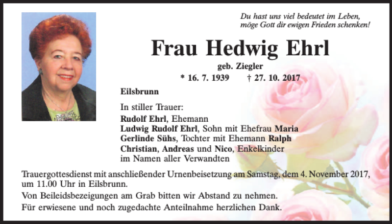  Traueranzeige für Hedwig Ehrl vom 02.11.2017 aus Mittelbayerische Zeitung Regensburg