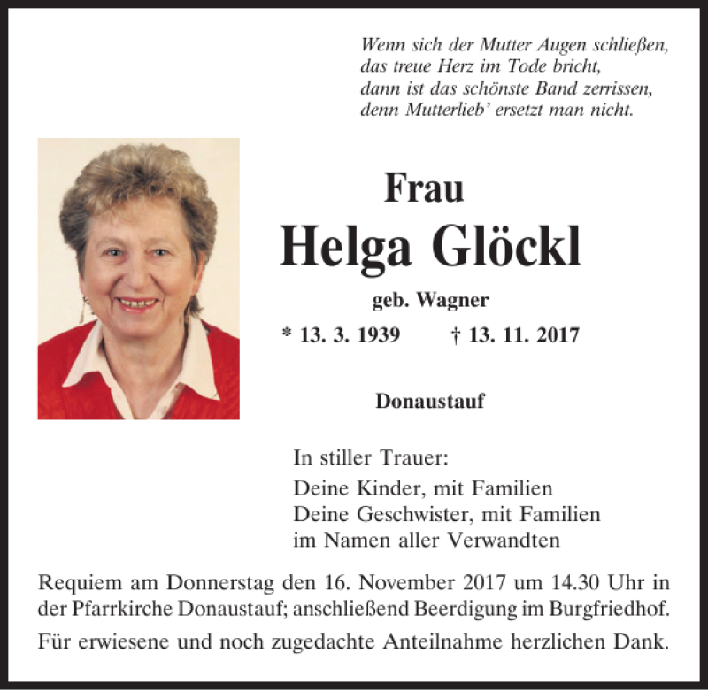  Traueranzeige für Helga Glöckl vom 15.11.2017 aus Mittelbayerische Zeitung Regensburg