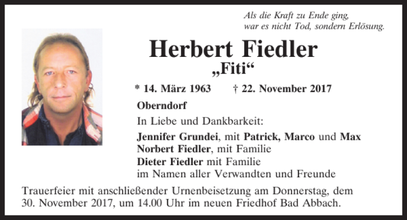  Traueranzeige für Herbert Fiedler vom 25.11.2017 aus Mittelbayerische Zeitung Kelheim