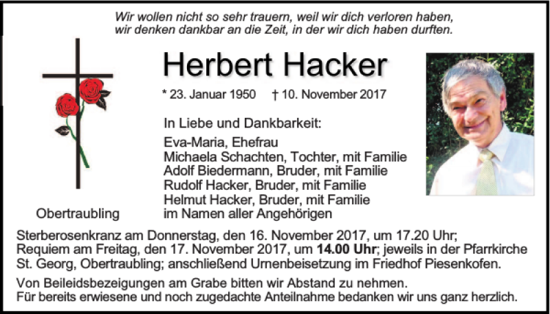  Traueranzeige für Herbert Hacker vom 14.11.2017 aus Mittelbayerische Zeitung Regensburg