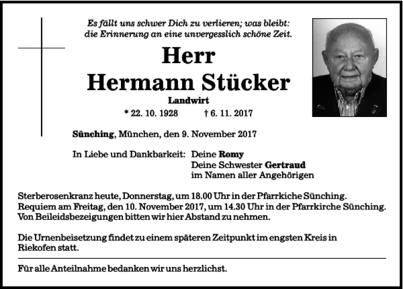  Traueranzeige für Hermann Stücker vom 09.11.2017 aus Mittelbayerische Zeitung Regensburg