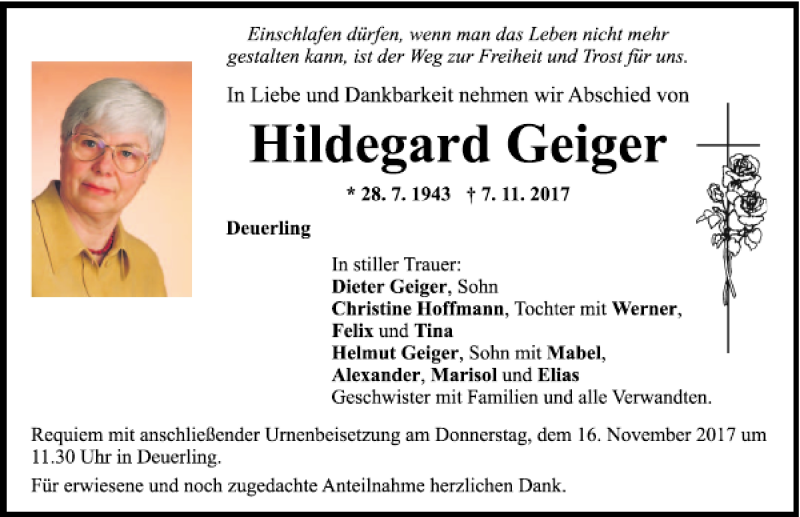 Traueranzeigen von Hildegard Geiger | Mittelbayerische Trauer