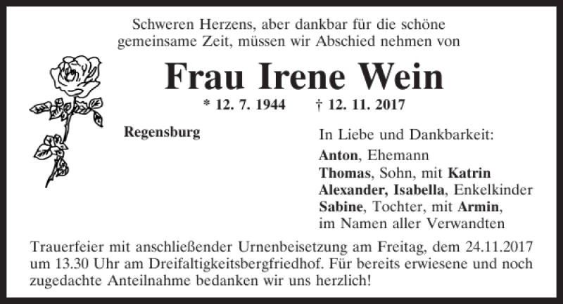  Traueranzeige für Irene Wein vom 18.11.2017 aus Mittelbayerische Zeitung Regensburg