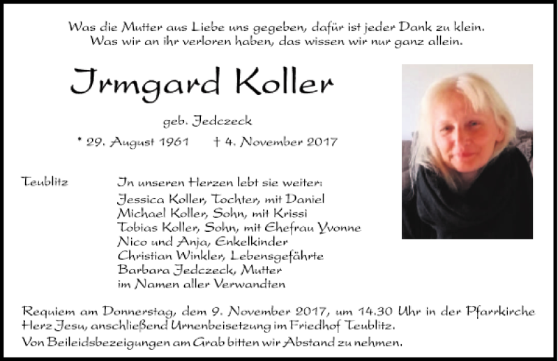  Traueranzeige für Irmgard Koller vom 08.11.2017 aus Mittelbayerische Zeitung Schwandorf