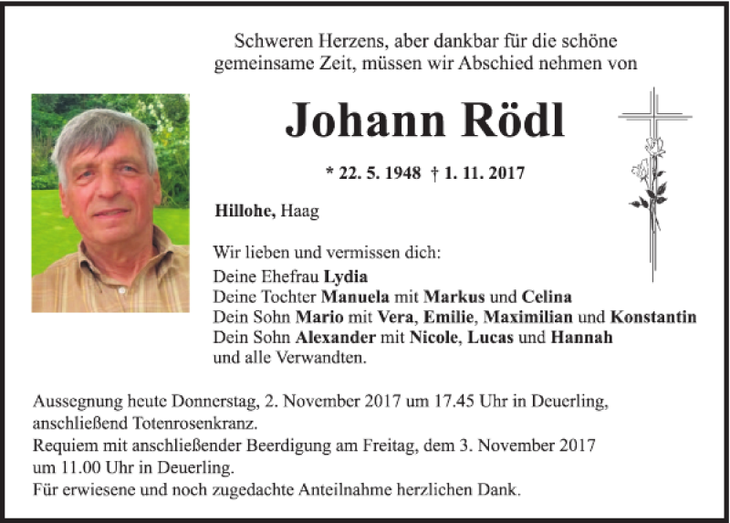  Traueranzeige für Johann Rödl vom 02.11.2017 aus Mittelbayerische Zeitung Regensburg