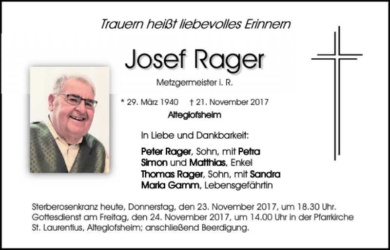  Traueranzeige für Josef Rager vom 23.11.2017 aus Mittelbayerische Zeitung Regensburg