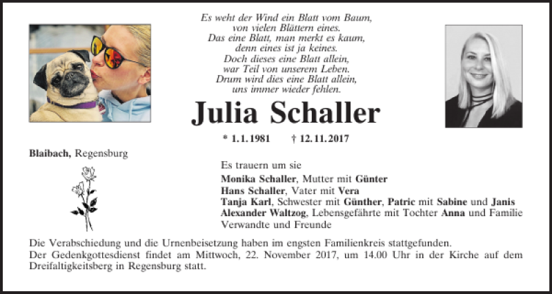  Traueranzeige für Julia Schaller vom 20.11.2017 aus Mittelbayerische Zeitung Regensburg