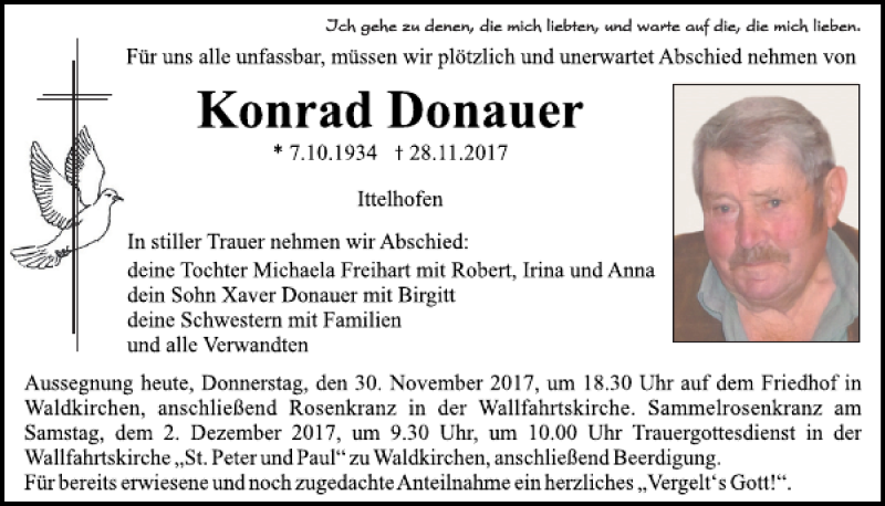  Traueranzeige für Konrad Donauer vom 30.11.2017 aus Neumarkter Tagblatt