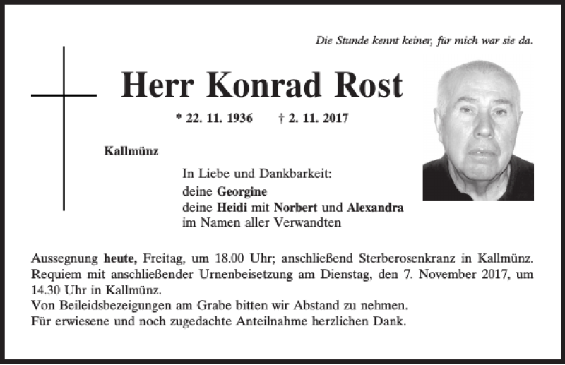  Traueranzeige für Konrad Rost vom 03.11.2017 aus Mittelbayerische Zeitung Regensburg