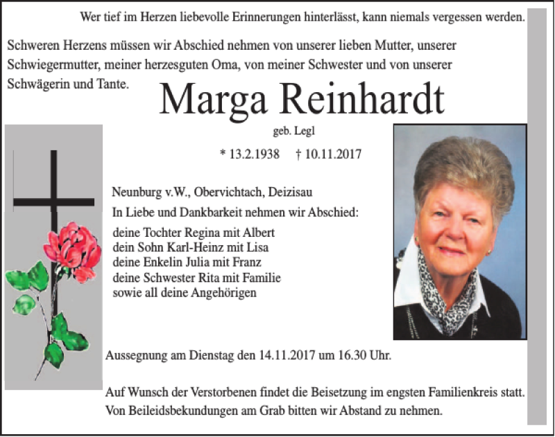  Traueranzeige für Marga Reinhardt vom 13.11.2017 aus Mittelbayerische Zeitung Schwandorf