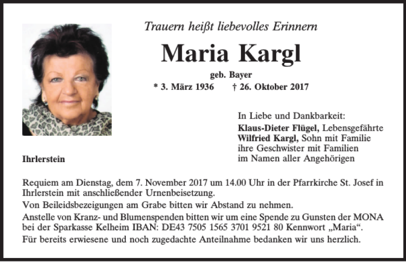  Traueranzeige für Maria Kargl vom 04.11.2017 aus Mittelbayerische Zeitung Kelheim