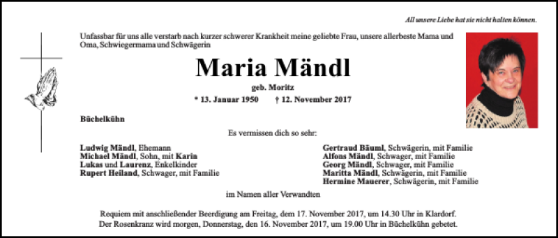  Traueranzeige für Maria Mändl vom 15.11.2017 aus Mittelbayerische Zeitung Schwandorf