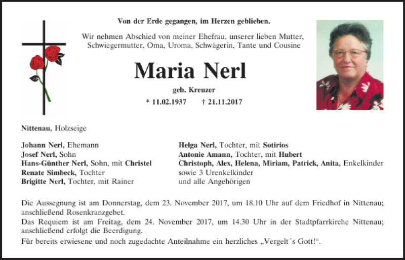  Traueranzeige für Maria Nerl vom 23.11.2017 aus Mittelbayerische Zeitung Regensburg