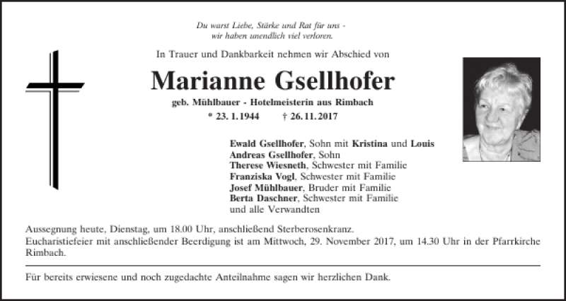  Traueranzeige für Marianne Gsellhofer vom 28.11.2017 aus Bayerwald Echo