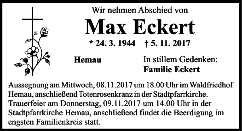  Traueranzeige für Max Eckert vom 07.11.2017 aus Mittelbayerische Zeitung Regensburg