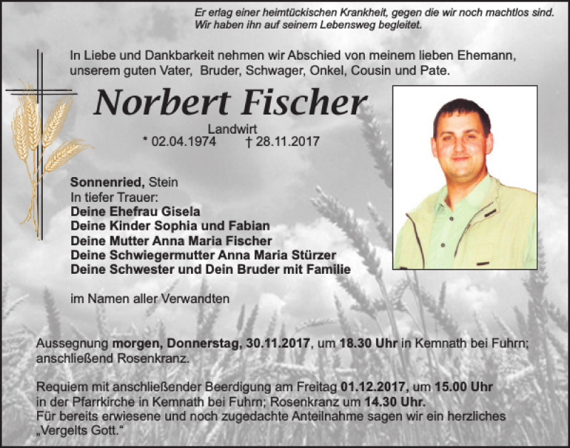  Traueranzeige für Norbert Fischer vom 30.11.2017 aus Mittelbayerische Zeitung Schwandorf