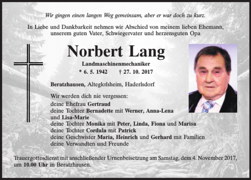  Traueranzeige für Norbert Lang vom 02.11.2017 aus Mittelbayerische Zeitung Regensburg