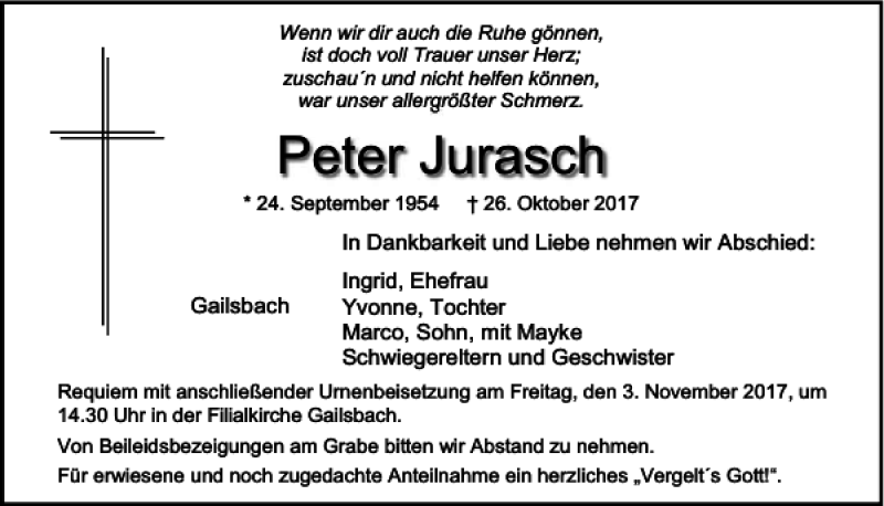  Traueranzeige für Peter Jurasch vom 02.11.2017 aus Mittelbayerische Zeitung Regensburg