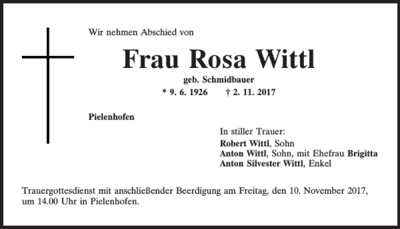  Traueranzeige für Rosa Wittl vom 08.11.2017 aus Mittelbayerische Zeitung Regensburg