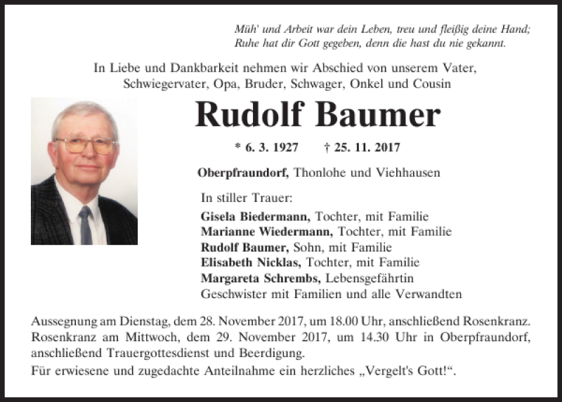  Traueranzeige für Rudolf Baumer vom 27.11.2017 aus Mittelbayerische Zeitung Regensburg