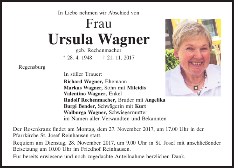  Traueranzeige für Ursula Wagner vom 25.11.2017 aus Mittelbayerische Zeitung Regensburg