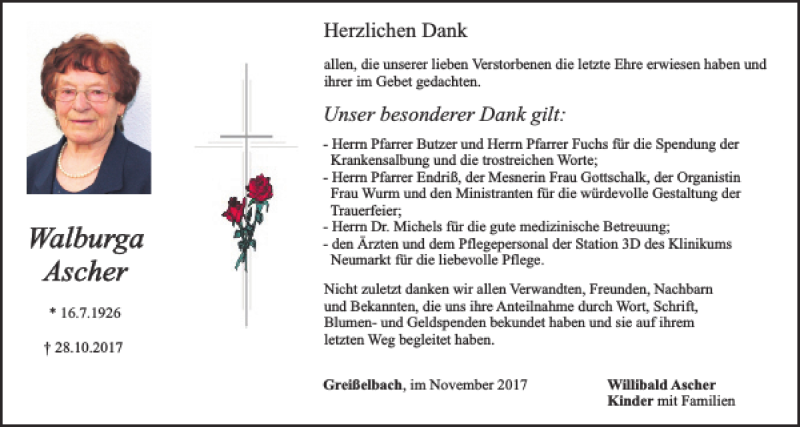  Traueranzeige für Walburga Ascher vom 25.11.2017 aus Neumarkter Tagblatt