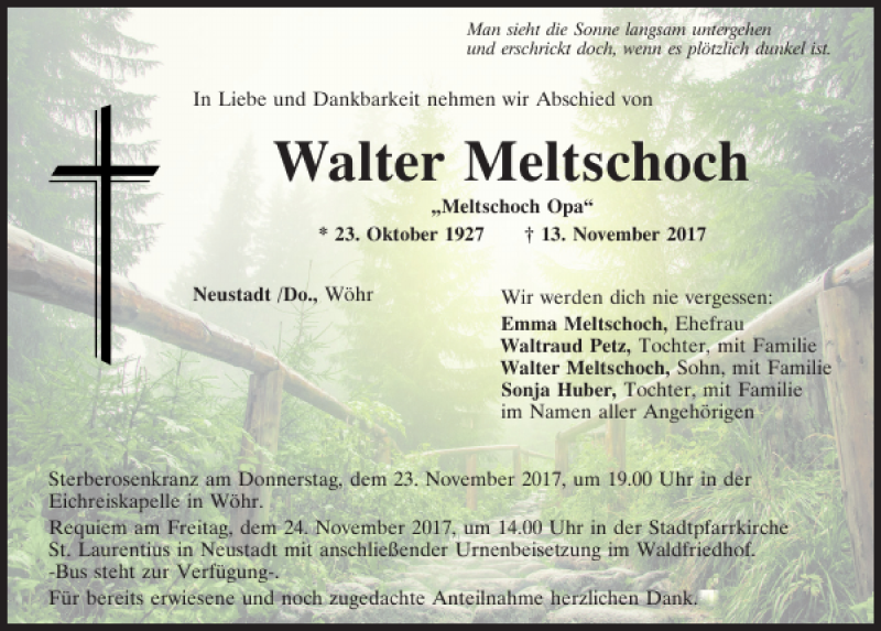  Traueranzeige für Walter Meltschoch vom 21.11.2017 aus Mittelbayerische Zeitung Kelheim