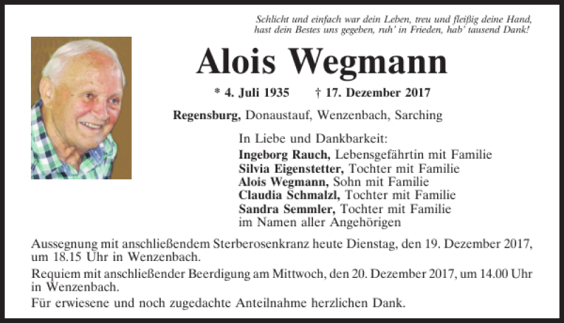  Traueranzeige für Alois Wegmann vom 19.12.2017 aus Mittelbayerische Zeitung Regensburg