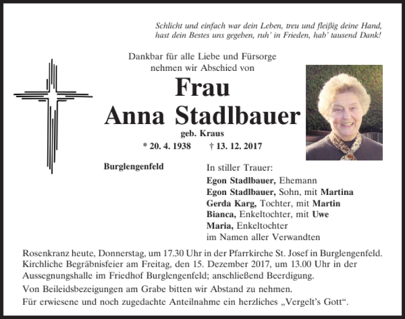  Traueranzeige für Anna Stadlbauer vom 14.12.2017 aus Mittelbayerische Zeitung Schwandorf