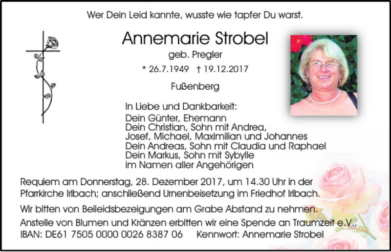  Traueranzeige für Annemarie Strobel vom 23.12.2017 aus Mittelbayerische Zeitung Regensburg