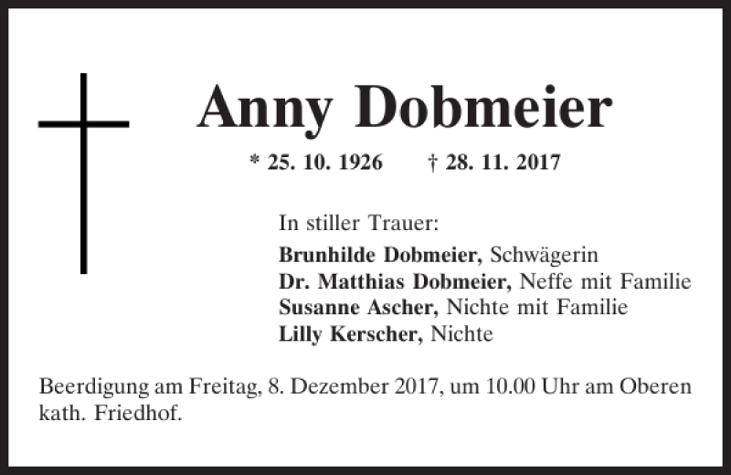  Traueranzeige für Anny Dobmeier vom 06.12.2017 aus Mittelbayerische Zeitung Regensburg