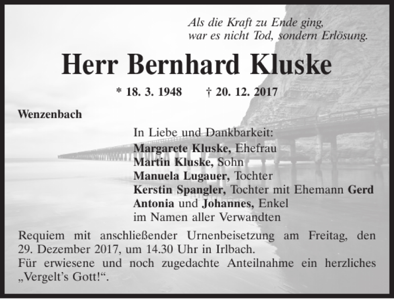  Traueranzeige für Bernhard Kluske vom 27.12.2017 aus Mittelbayerische Zeitung Regensburg