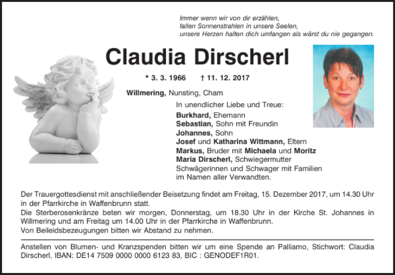  Traueranzeige für Claudia Dirscherl vom 13.12.2017 aus Bayerwald Echo