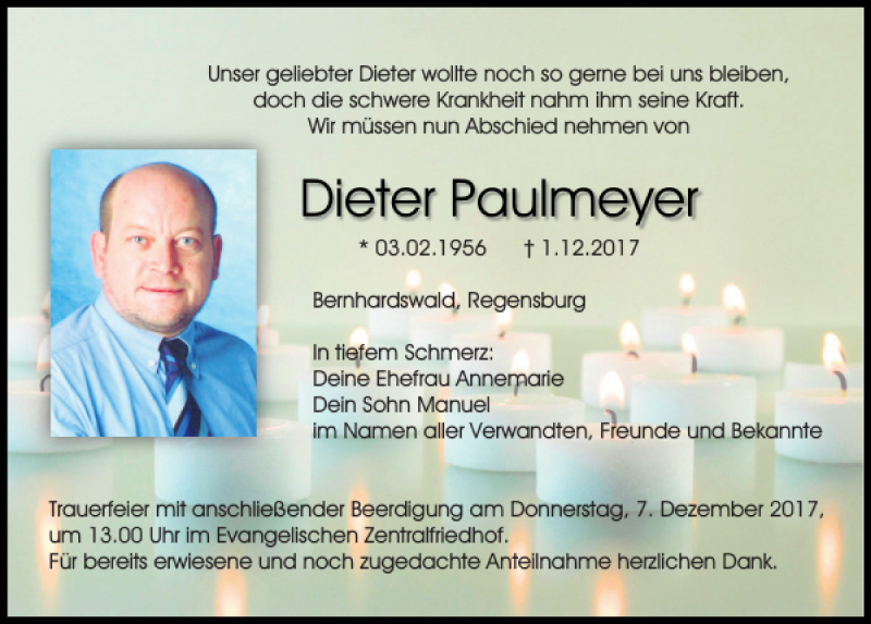  Traueranzeige für Dieter Paulmeyer vom 05.12.2017 aus Mittelbayerische Zeitung Regensburg