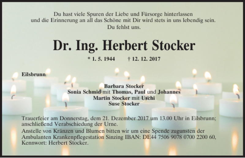  Traueranzeige für Dr. Ing. Herbert Stocker vom 16.12.2017 aus Mittelbayerische Zeitung Regensburg