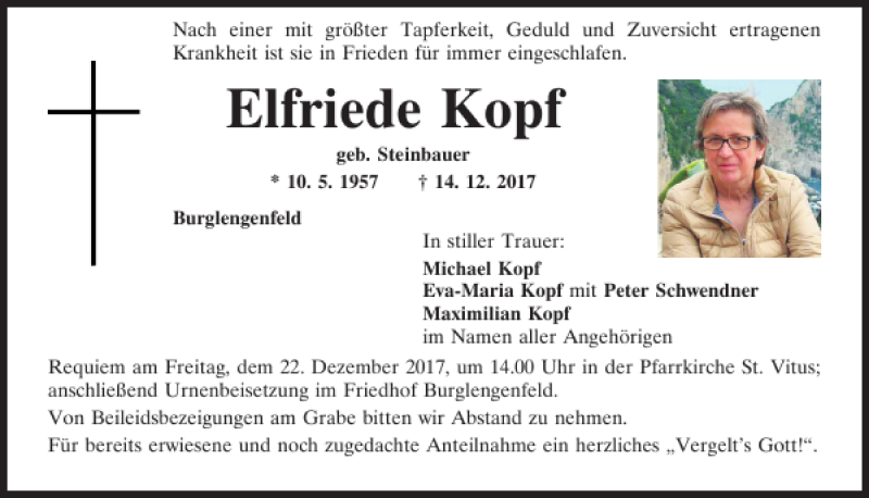  Traueranzeige für Elfriede Kopf vom 20.12.2017 aus Mittelbayerische Zeitung Regensburg