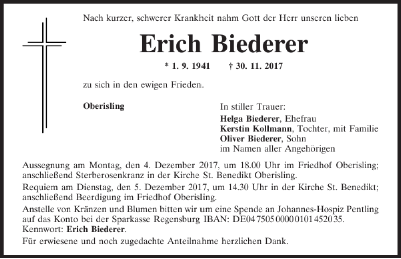  Traueranzeige für Erich Biederer vom 02.12.2017 aus Mittelbayerische Zeitung Regensburg