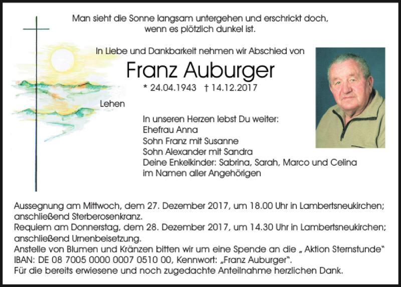  Traueranzeige für Franz Auburger vom 23.12.2017 aus Mittelbayerische Zeitung Regensburg