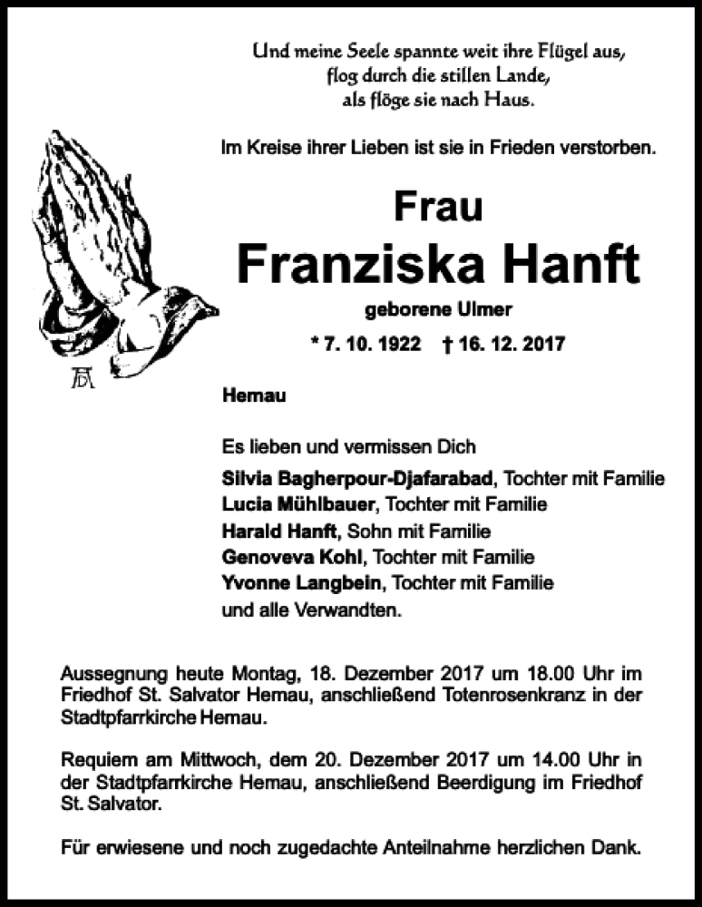  Traueranzeige für Franziska Hanft vom 18.12.2017 aus Mittelbayerische Zeitung Regensburg