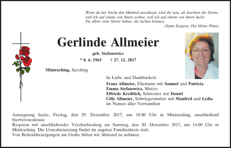  Traueranzeige für Gerlinde Allmeier vom 29.12.2017 aus Mittelbayerische Zeitung Regensburg