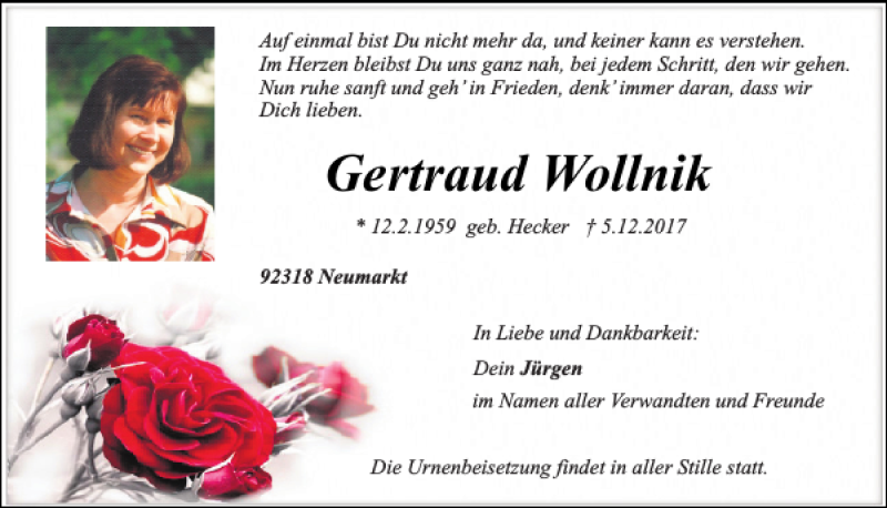  Traueranzeige für Gertraud Wollnik vom 09.12.2017 aus Neumarkter Tagblatt