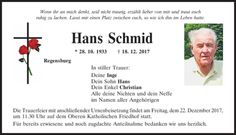  Traueranzeige für Hans Schmid vom 20.12.2017 aus Mittelbayerische Zeitung Regensburg