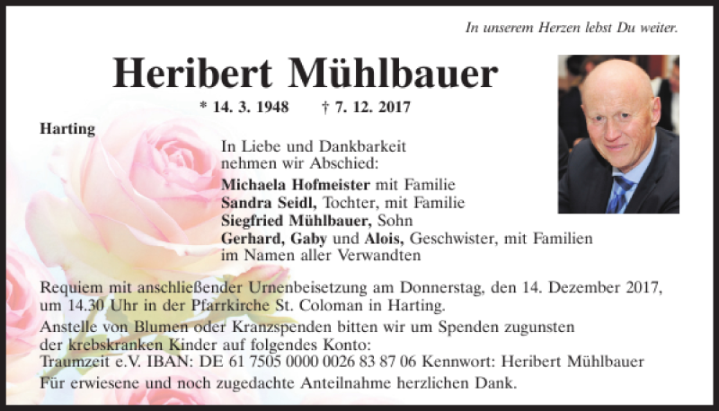  Traueranzeige für Heribert Mühlbauer vom 09.12.2017 aus Mittelbayerische Zeitung Regensburg