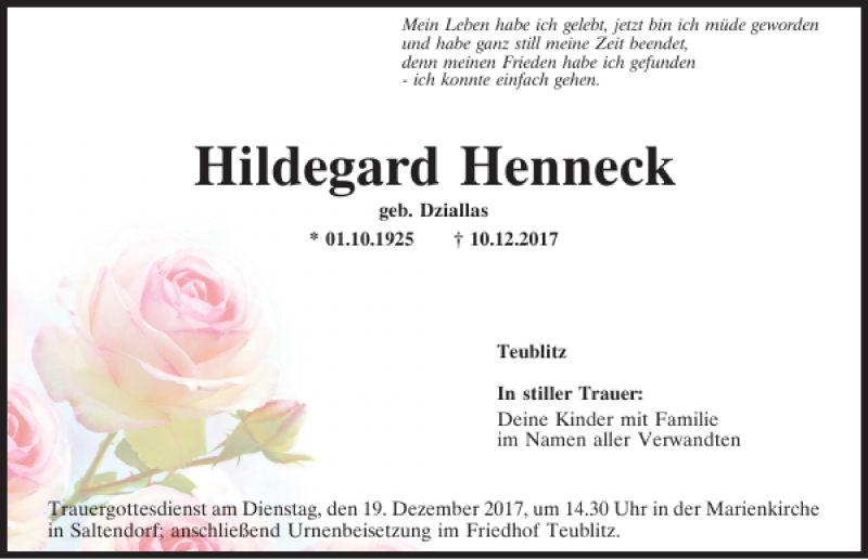  Traueranzeige für Hildegard Henneck vom 16.12.2017 aus Mittelbayerische Zeitung Schwandorf